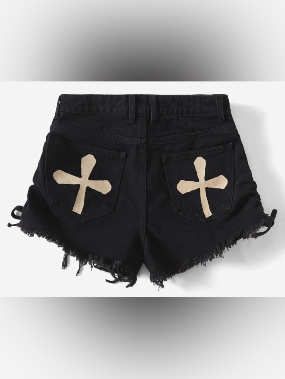Romwe Grunge Punk Cross Print Raw Hem Denim Shorts